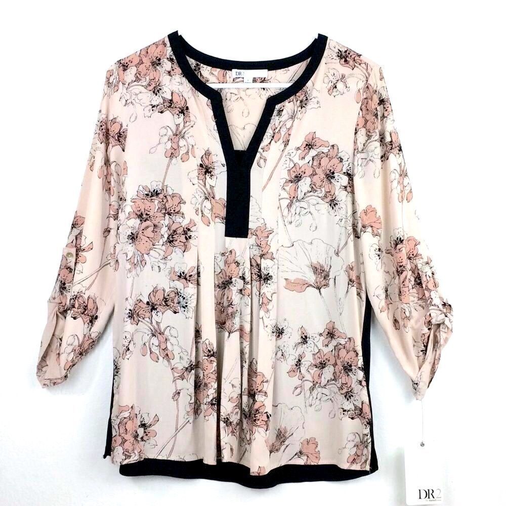 Daniel Rainn DR2 blush pink floral black trim popover blouse NEW
